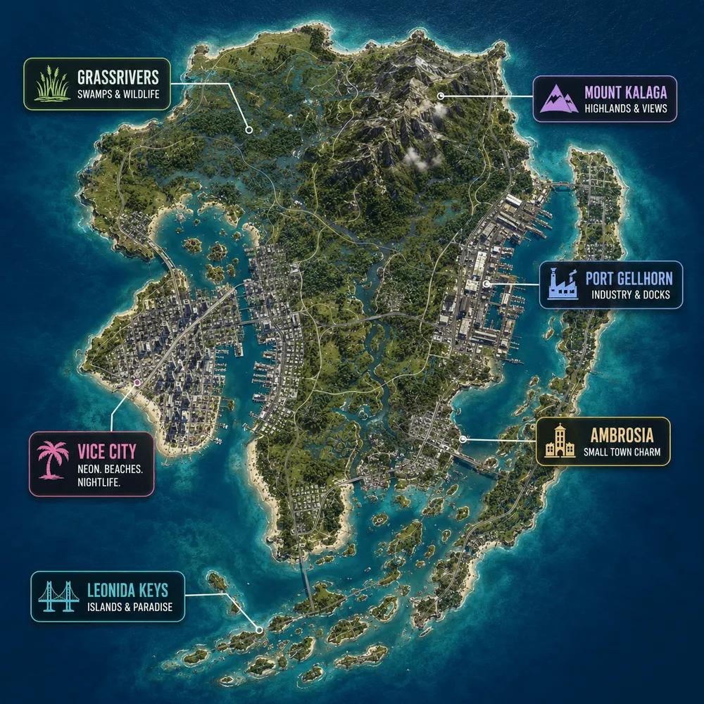 GTA 6 レオニダのマップ：バイスシティ、ポート・ゲルホーン、マウント・カラガ、グラスリバーズ、アンブロージア、レオニダキーズ